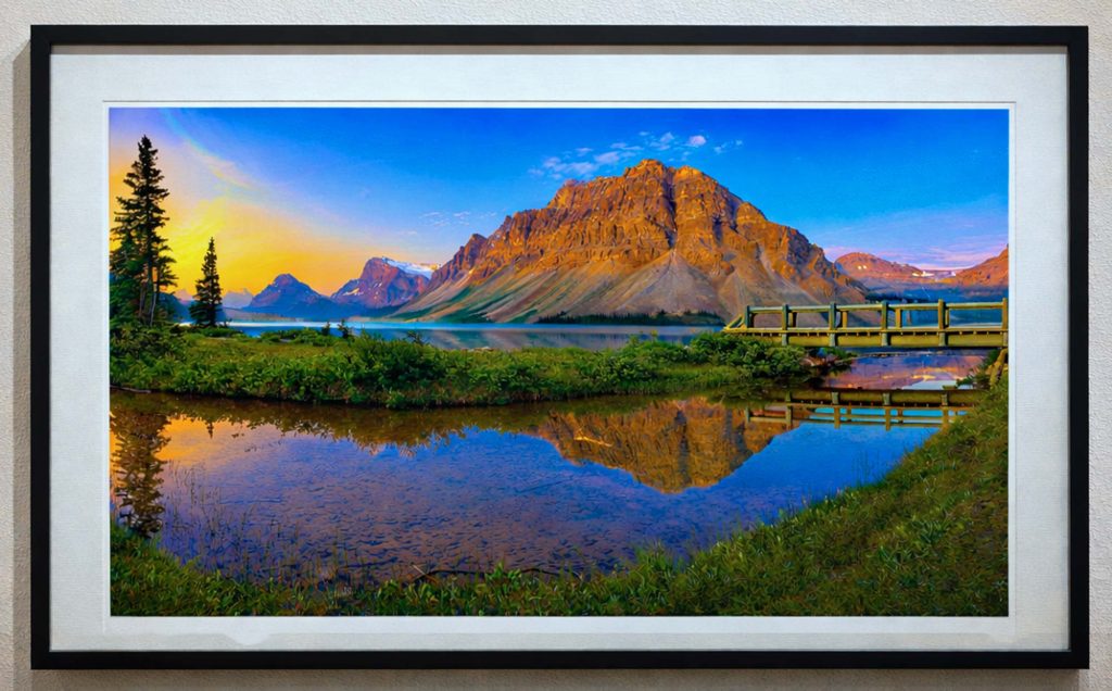 Dawn at Bow Lake with Crowfoot Mountain
Banff National Park
7am, July 7, 2023

I was captivated as the sun’s early light pierced a veil of wildfire smoke, illuminating Crowfoot Mountain. Its reflection shimmered on the still surface of Bow Lake, creating a striking symmetry.

This panoramic photo is composed of five vertically captured images, carefully stitched together to convey the full breadth of the scene.
