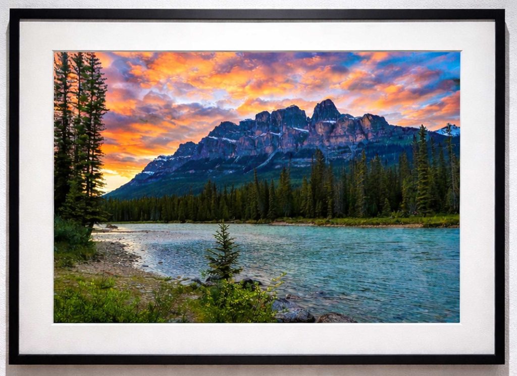 Bathed in the gentle light of dawn's glow on the clouds, the tranquility of the gentle Bow River with Castle Mountain reveals the quiet splendour of the Rocky Mountains.